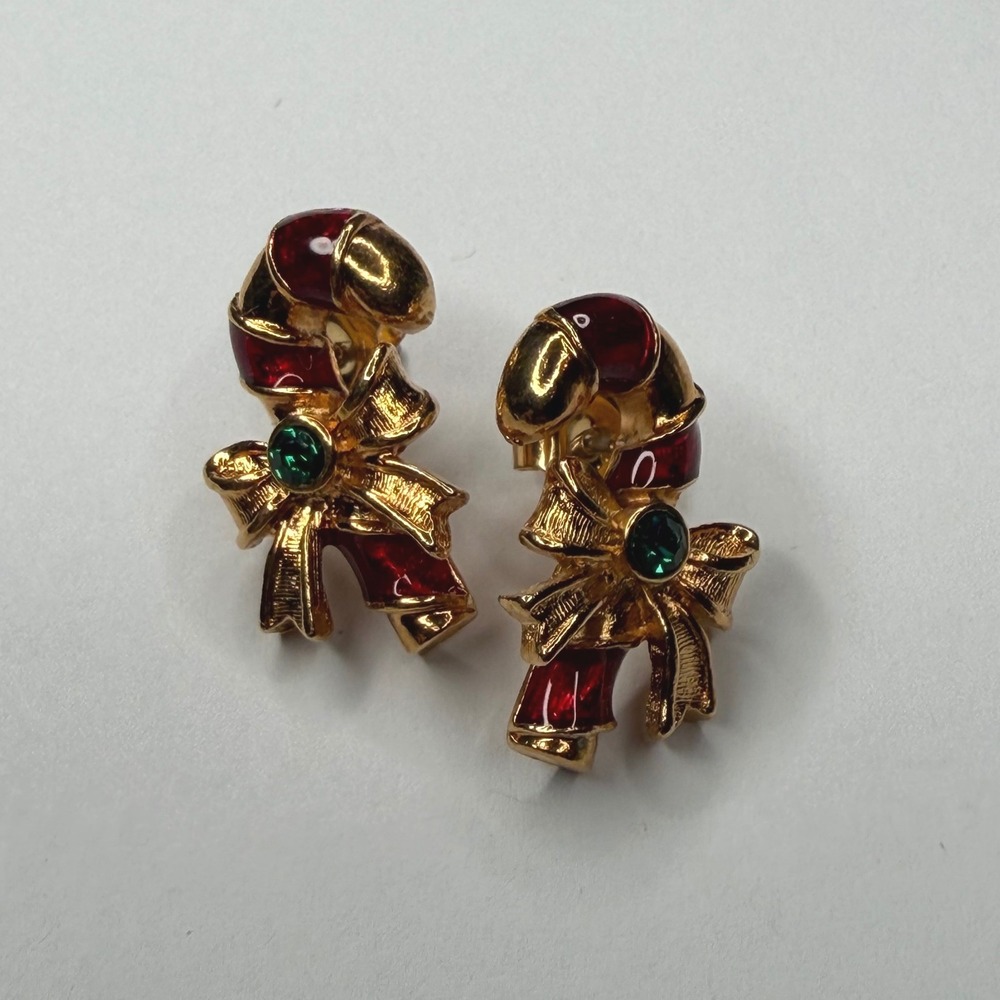 AVON Earrings Gold Red Candy Cane Rhinestone Bow Women's OS Excellent